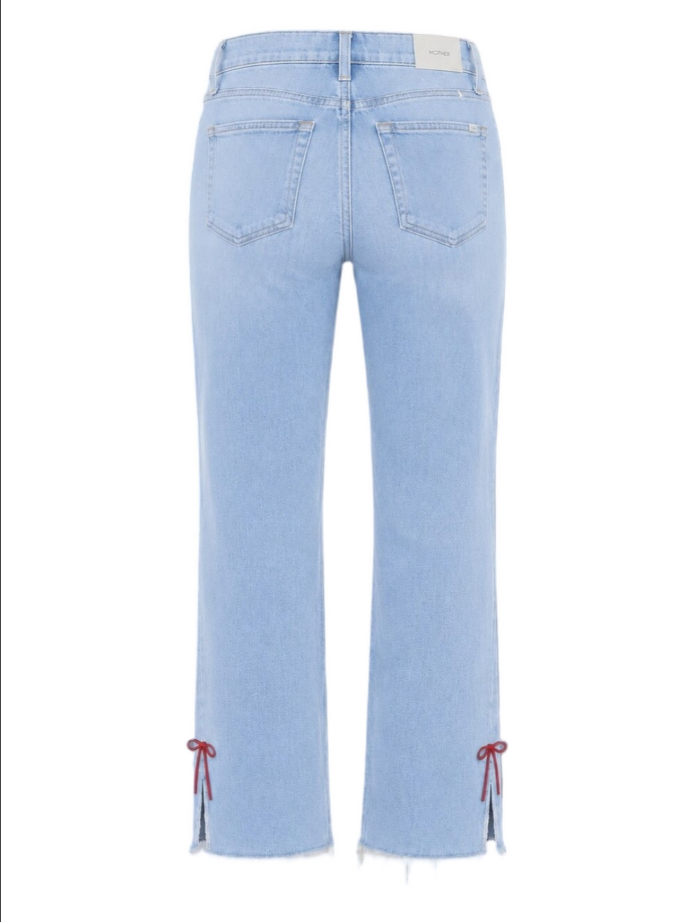 Mother Denim Rambler Zip Slice Hover Fray Jeans Women’s 32 Light Wash Red Bow - Picture 3 of 10